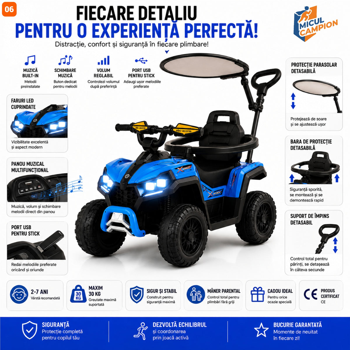 ATV de impins pentru copii Invincio Micul Campion OffRoad 2 in 1, 2-7 ani, maner parental, bara protectie si parasolar detasabile, Faruri functionale, panou muzical USB, suport picioare, max. 30 kg, Albastru