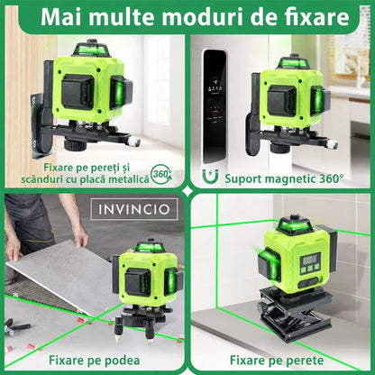 Nivela cu laser verde INVINCIO 4D cu telecomanda, 16 linii orizontal, vertical, perimetral, trepied si prindere magnetica, cumpana uz interior si exterior, auto-nivelare +/-3grade, rotire 360 grade, 2 acumulatori de schimb