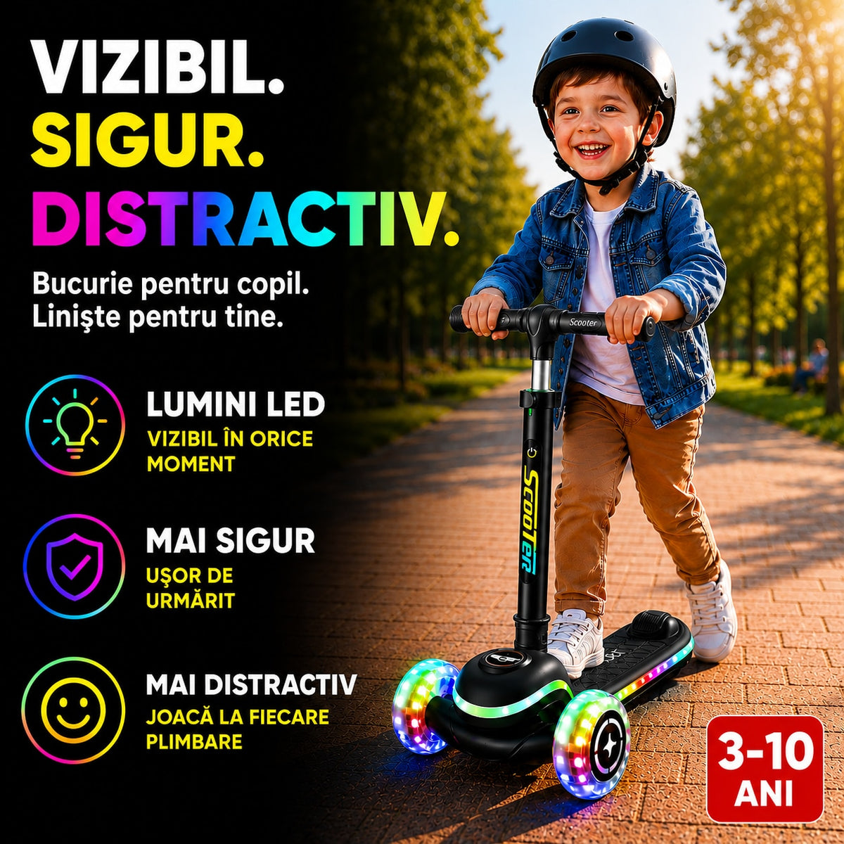 Trotineta Premium 3 Roti Copii Invincio® Happy, Sistem de Iluminat LED Multi-Color, Roti Silentioase cu Rulmenti ABEC-7, Ghidon Reglabil, Design Ergonomic, 3-10 Ani, Negru Carbon