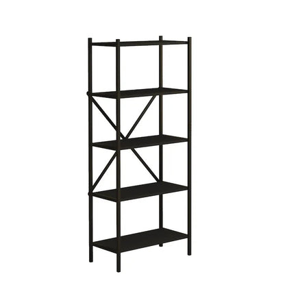 Etajera Multifunctionala, Biblioteca Bezubi cu 4 rafturi deschise, design modern, cadru metalic robust si rafturi din lemn, stabilitate marita, tija in foma de X, ideala pentru carti, plante, decoratiuni, living, birou sau dormitor, negru