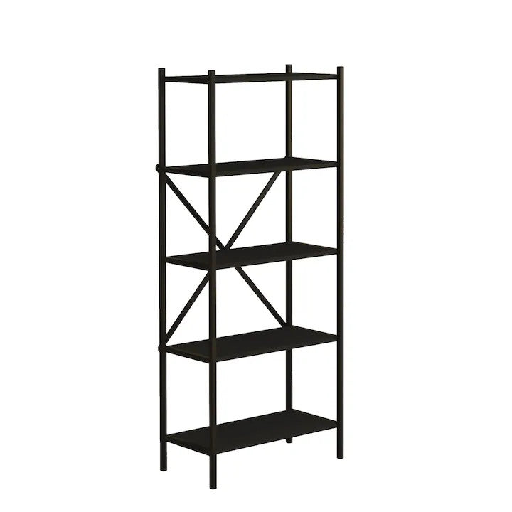 Etajera Multifunctionala, Biblioteca Bezubi cu 4 rafturi deschise, design modern, cadru metalic robust si rafturi din lemn, stabilitate marita, tija in foma de X, ideala pentru carti, plante, decoratiuni, living, birou sau dormitor, negru