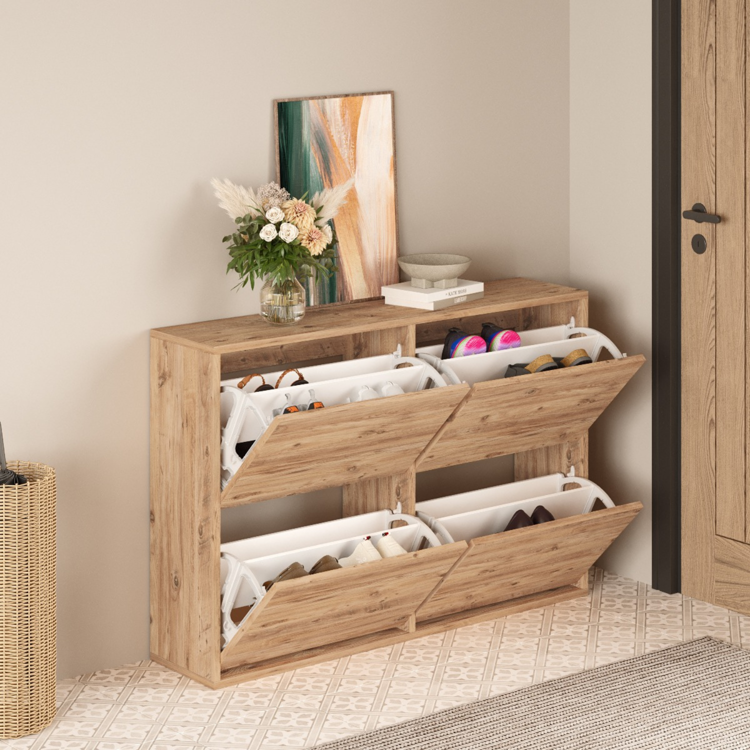 Pantofar cu 4 compartimente, capacitate pana la 16 perechi pantofi, mobilier hol, design slim, organizator pantofi, dimensiuni 117, 5 x 27 x 79 cm, structura rezistenta, aspect modern, maro