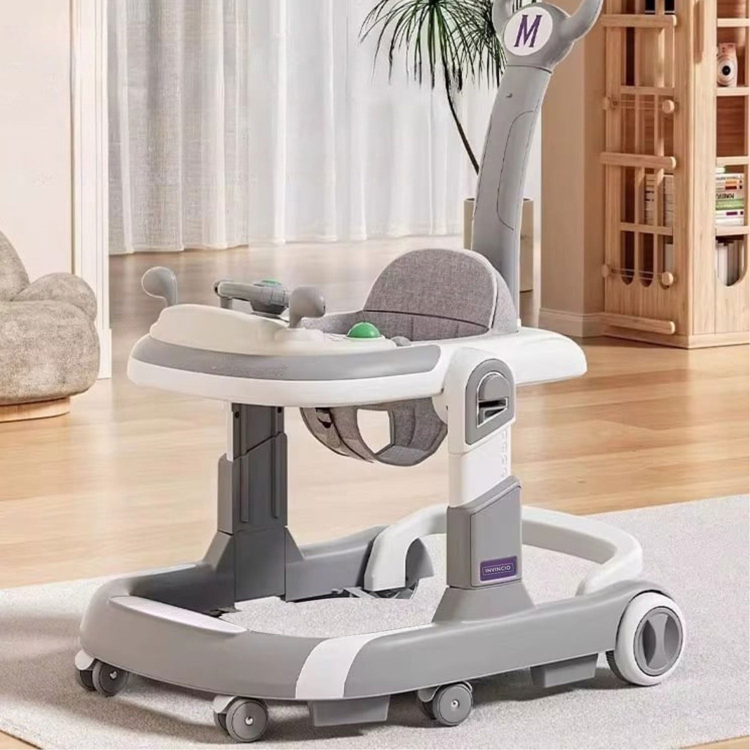 Premergator 4 in 1 INVINCIO First Steps, copii 6-24 luni, Jucarii Motricitate Interactive, Mod Antemergator, roti silentioase, sistem anti-rasturnare, pliabil si ajustabil pe inaltime in 4 nivele, greutate maxima 30 kg, gri