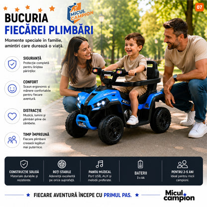 ATV de impins pentru copii Invincio Micul Campion OffRoad 2 in 1, 2-7 ani, maner parental, bara protectie si parasolar detasabile, Faruri functionale, panou muzical USB, suport picioare, max. 30 kg, Albastru