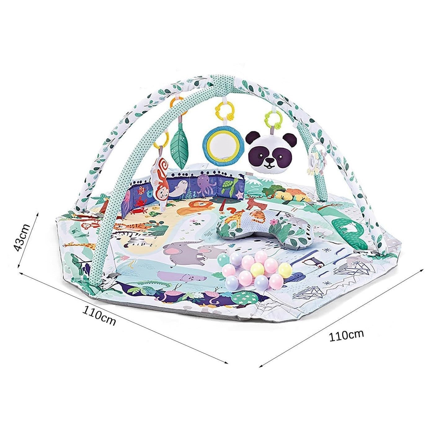 Centru de Activitati, Saltea si Tarc de Joaca, 3 in 1 interactiv, INVINCIO PlaySafe, cu Perna, 20 de Bile Colorate, 7 Jucarii, Arcade suport zornaitori, Covor Gros si Moale, Lavabil, culoare alb cu verde