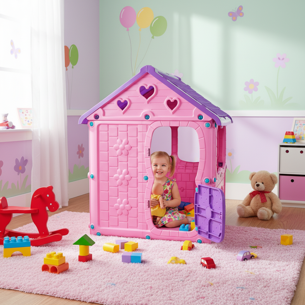 Casuta de joaca pentru copii Bezubi Kids FUN, colturi rotunjite, sigur si rezistent, interior/exterior, demontabila, cu usa si ferestre, design ergonomic, 2 locuri, varsta 1+ ani, dimensiuni 98x92x116 cm, roz