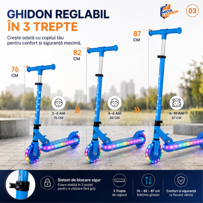 Trotineta copii LED Invincio Micul Campion Pilot, 2-10 ani, pliabila, 2 roti, 7 culori LED, 14 moduri iluminare, platforma anti-derapanta, roti luminoase, ghidon reglabil 3 nivele 76-87 cm, frana spate, cadru rezistent si usor suporta 30kg, Albastra
