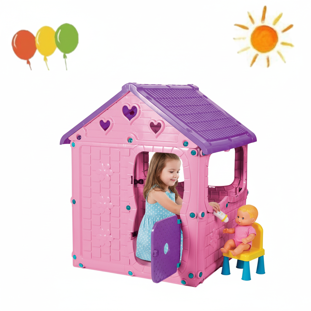 Casuta de joaca pentru copii Bezubi Kids FUN, colturi rotunjite, sigur si rezistent, interior/exterior, demontabila, cu usa si ferestre, design ergonomic, 2 locuri, varsta 1+ ani, dimensiuni 98x92x116 cm, roz