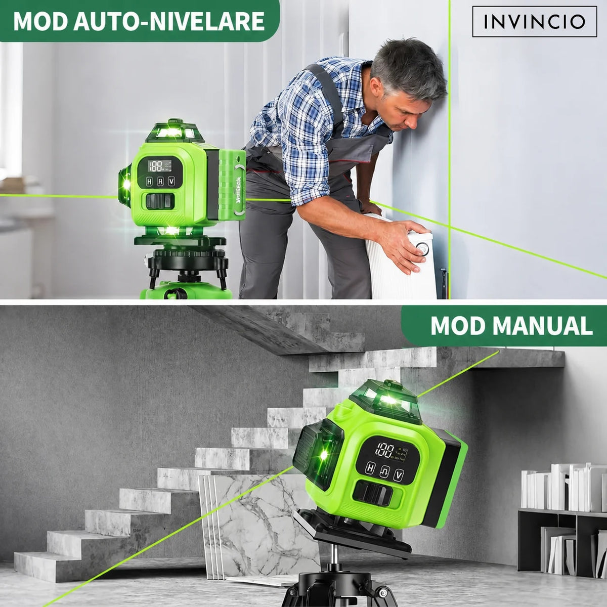 Nivela cu laser verde INVINCIO 4D cu telecomanda, 16 linii orizontal, vertical, perimetral, trepied si prindere magnetica, cumpana uz interior si exterior, auto-nivelare +/-3grade, rotire 360 grade, 2 acumulatori de schimb