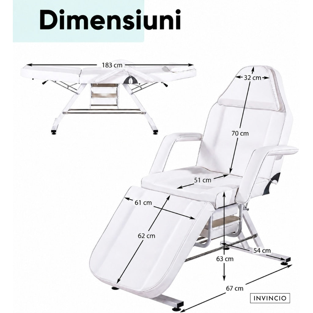 Pat Cosmetica reglabil INVINCIO Profesional, masa SPA, masaj, gene, tatuaje, scaun inclus, spatar si perna picioare reglabile, manere si perna cap detasabile, 2 sertare, 180x60cm, pana la 150kg, usor de curatat, piele ecologica alba