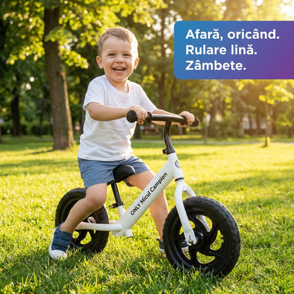 Bicicleta Fara Pedale, Invincio Micul Campion, pentru Copii 3-6 Ani, Roti EVA Anti-Pana, Scaun si Ghidon Reglabil, Cadru Otel Usor, Manere Antialunecare – Perfecta pentru Echilibru si Coordonare, Capacitate Maxima 30 de kg, Alba
