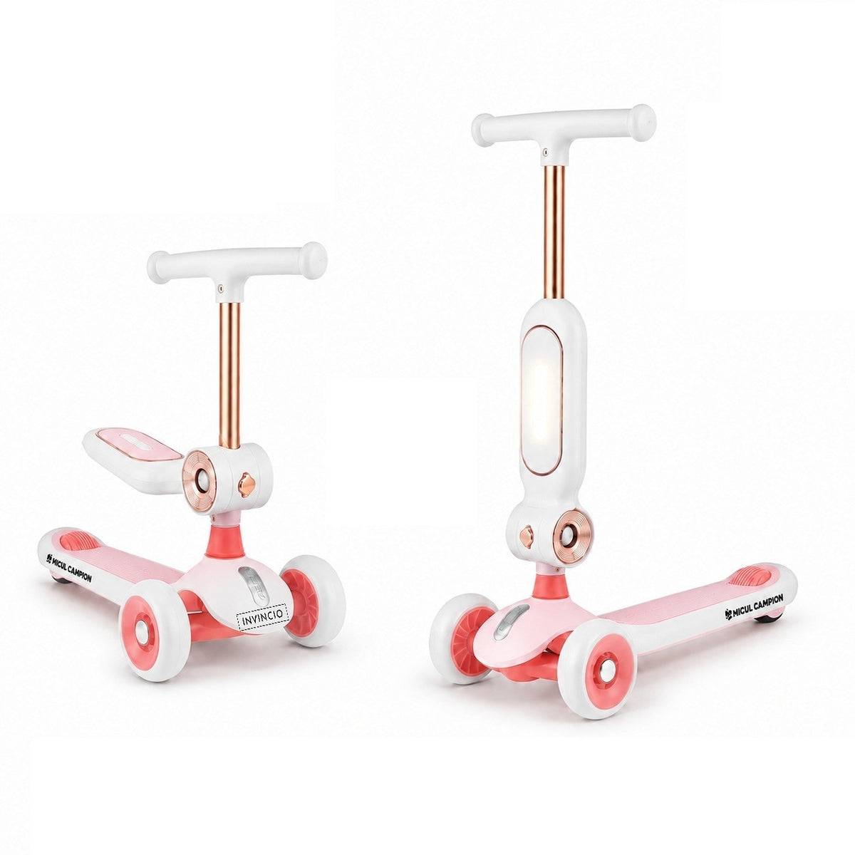 Trotineta Fete 2 in 1 INVINCIO Play – Bicicleta de Echilibru cu Scaun rabatabil, 3 Roti EVA pline silentioase, LED Frontal pentru siguranta sporita, Pliabila usor de depozitat si transportat, Ghidon Reglabil, Frana Spate, 2-5 ani, Max. 30 kg, Alb/Roz