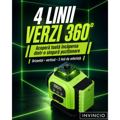 Nivela cu laser verde INVINCIO 4D cu telecomanda, 16 linii orizontal, vertical, perimetral, trepied si prindere magnetica, cumpana uz interior si exterior, auto-nivelare +/-3grade, rotire 360 grade, 2 acumulatori de schimb