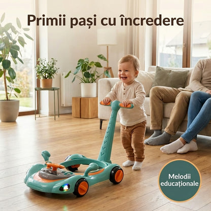 Premergator Invincio Micul Campion Driver, Lumini si 5 Melodii educationale in Limba Romana, multifunctional, antemergator, umbrar si maner control parental, reglabil pe inaltime, roti cu frana de siguranta, Portocaliu Turcoaz