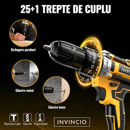 Bormasina cu acumulator INVINCIO Profesional, masina de gaurit cu percutie, 2 baterii 2000mAh Li-Ion, 2 trepte 400/2000 RPM, accesorii, 35 Nm, autofiletanta, masina de insurubat, mandrina rapida 0.8–10 mm, surubelnita electrica, cutie BMC