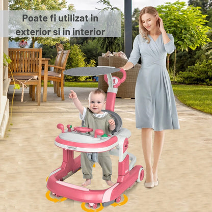 Premergator 4 in 1 INVINCIO First Steps, copii 6-24 luni, Jucarii Interactive, Mod Antemergator, roti silentioase, sistem anti-rasturnare, pliabil si ajustabil pe inaltime in 4 nivele, greutate maxima 30 kg, roz