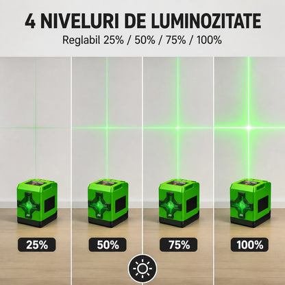 Nivela laser verde Invincio Practic Pro, fascicol Laser Verde Vizibil in cruce pentru vertical si orizontal, auto-nivelare ±4º grade, raza 30 m, intensitati luminare, functie blocare pentru linii diagonale, precizie ±1 mm, verde