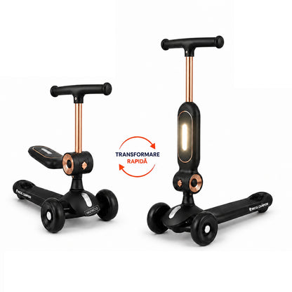 Trotineta copii 2 in 1 cu scaun INVINCIO Play Micul Campion, Bicicleta de echilibru, 3 roti EVA pline si silentioase, Lumina LED frontala Siguranta Sporita, Ghidon reglabil, Pliabila usor de depozitat si transportat, 2-5 ani, max. 30 kg, Negru