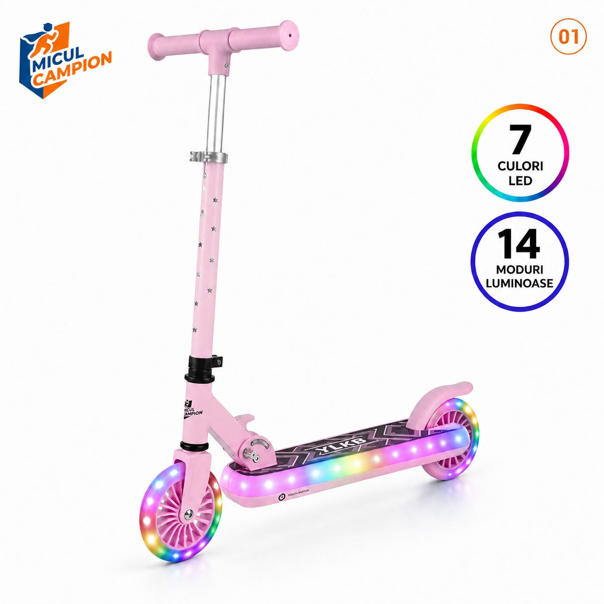 Trotineta copii LED Invincio Micul Campion Pilot, 2-10 ani, pliabila, 2 roti, 7 culori LED, 14 moduri iluminare, platforma anti-derapanta, roti luminoase, ghidon reglabil 3 nivele 76-87 cm, frana spate, cadru rezistent si usor suporta pana la 30kg, Roz