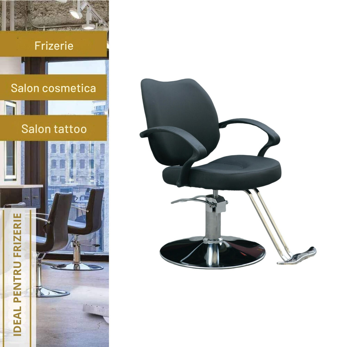 Scaun profesional pentru frizierie Invincio EasyCut 2, design ergonomic, piston hidraulic, rotire la 360 de grade, inaltime reglabila, material durabil si rezistent, negru mat