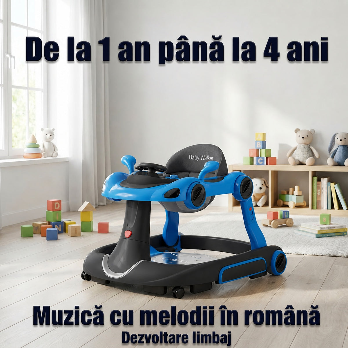 Premergator Invincio Micul Campion Driver, Lumini si 5 Melodii educationale in Limba Romana, multifunctional, antemergator, umbrar si maner control parental, reglabil pe inaltime, roti cu frana de siguranta, albastru negru