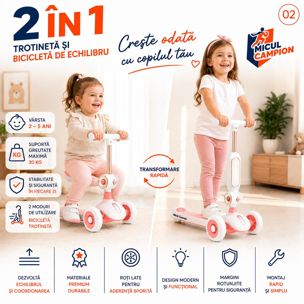 Trotineta Fete 2 in 1 INVINCIO Play – Bicicleta de Echilibru cu Scaun rabatabil, 3 Roti EVA pline silentioase, LED Frontal pentru siguranta sporita, Pliabila usor de depozitat si transportat, Ghidon Reglabil, Frana Spate, 2-5 ani, Max. 30 kg, Alb/Roz
