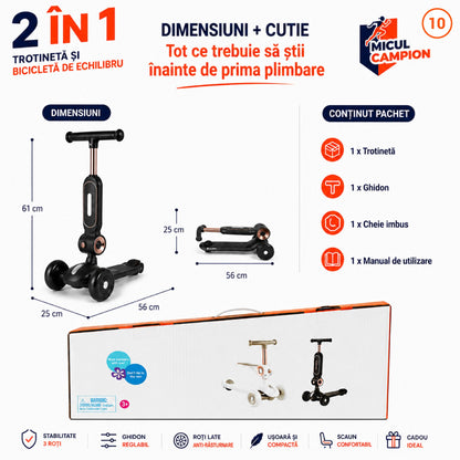 Trotineta copii 2 in 1 cu scaun INVINCIO Play Micul Campion, Bicicleta de echilibru, 3 roti EVA pline si silentioase, Lumina LED frontala Siguranta Sporita, Ghidon reglabil, Pliabila usor de depozitat si transportat, 2-5 ani, max. 30 kg, Negru