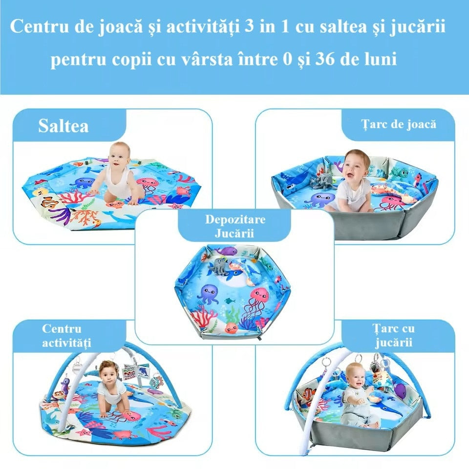 Centru de Activitati, Saltea si Tarc de Joaca, 3 in 1, INVINCIO PlaySafe, cu Perna, 20 de Bile Colorate, 7 Jucarii, Arcade suport zornaitori, Covor Gros si Moale, Lavabil, Culori multiple