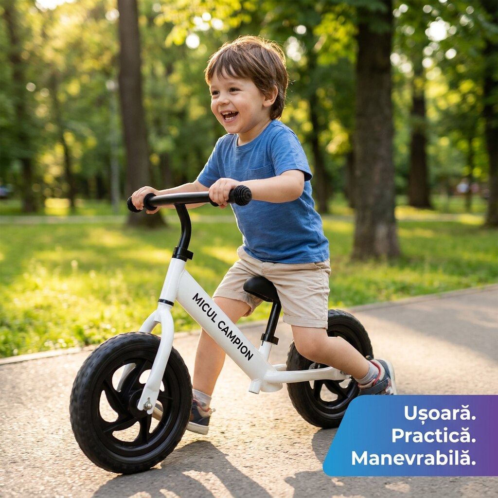 Bicicleta Fara Pedale, Invincio Micul Campion, pentru Copii 3-6 Ani, Roti EVA Anti-Pana, Scaun si Ghidon Reglabil, Cadru Otel Usor, Manere Antialunecare – Perfecta pentru Echilibru si Coordonare, Capacitate Maxima 30 de kg, Alba