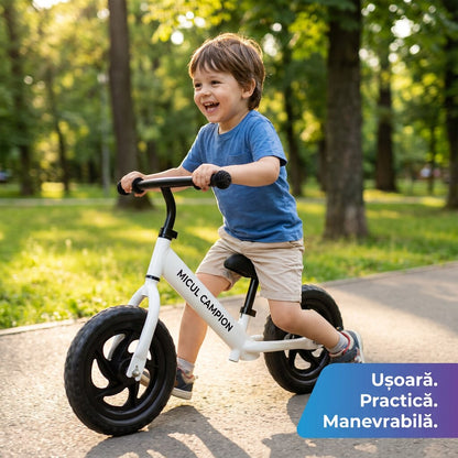Bicicleta Fara Pedale, Invincio Micul Campion, pentru Copii 3-6 Ani, Roti EVA Anti-Pana, Scaun si Ghidon Reglabil, Cadru Otel Usor, Manere Antialunecare – Perfecta pentru Echilibru si Coordonare, Capacitate Maxima 30 de kg, Alba