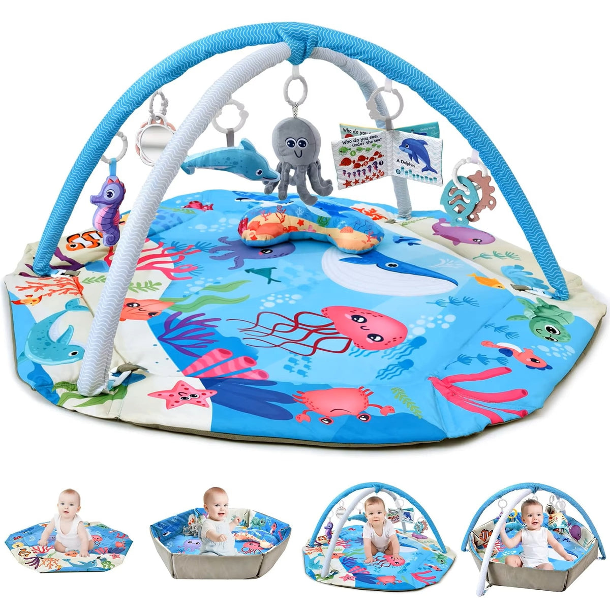 Centru de Activitati, Saltea si Tarc de Joaca, 3 in 1, INVINCIO PlaySafe, cu Perna, 20 de Bile Colorate, 7 Jucarii, Arcade suport zornaitori, Covor Gros si Moale, Lavabil, Culori multiple
