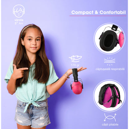 Casti antifoane copii 3-10 ani INVINCIO Safety, marime reglabil, confortabile, ergonomice, captusite, usoare, pentru protectia auzului, roz mat
