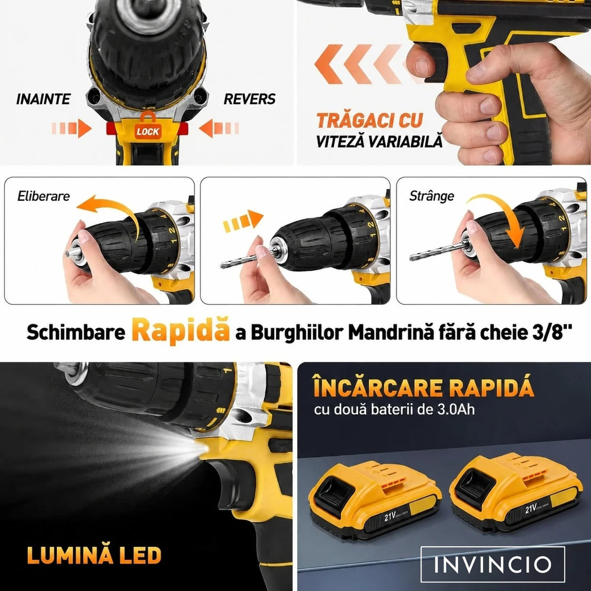 Bormasina cu acumulator INVINCIO Profesional, masina de gaurit cu percutie, 2 baterii 2000mAh Li-Ion, 2 trepte 400/2000 RPM, accesorii, 35 Nm, autofiletanta, masina de insurubat, mandrina rapida 0.8–10 mm, surubelnita electrica, cutie BMC