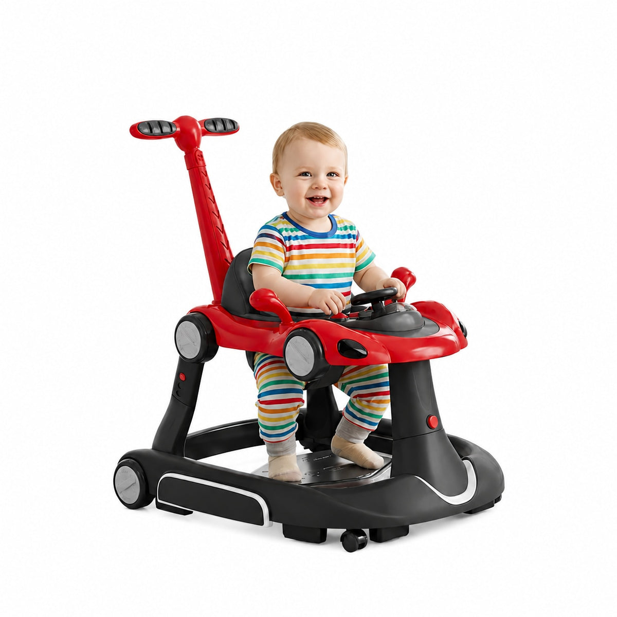 Premergator Invincio Micul Campion Driver, Lumini si 5 Melodii educationale in Limba Romana, multifunctional, antemergator, umbrar si maner control parental, reglabil pe inaltime, roti cu frana de siguranta, Rosu Negru