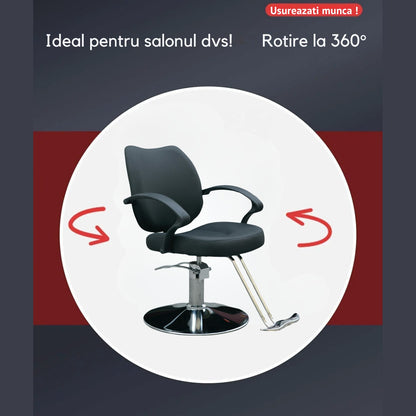 Scaun profesional pentru frizierie Invincio EasyCut 2, design ergonomic, piston hidraulic, rotire la 360 de grade, inaltime reglabila, material durabil si rezistent, negru mat