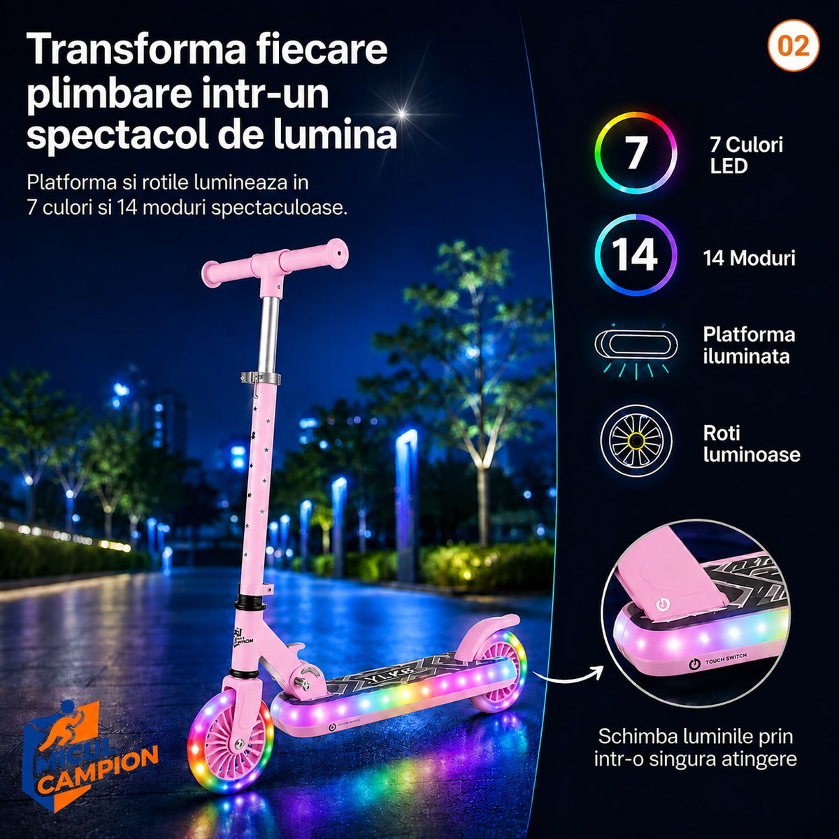 Trotineta copii LED Invincio Micul Campion Pilot, 2-10 ani, pliabila, 2 roti, 7 culori LED, 14 moduri iluminare, platforma anti-derapanta, roti luminoase, ghidon reglabil 3 nivele 76-87 cm, frana spate, cadru rezistent si usor suporta pana la 30kg, Roz