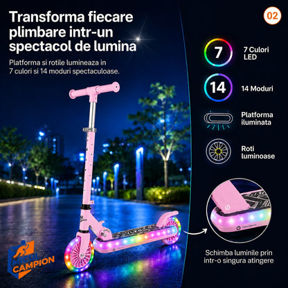 Trotineta copii LED Invincio Micul Campion Pilot, 2-10 ani, pliabila, 2 roti, 7 culori LED, 14 moduri iluminare, platforma anti-derapanta, roti luminoase, ghidon reglabil 3 nivele 76-87 cm, frana spate, cadru rezistent si usor suporta pana la 30kg, Roz