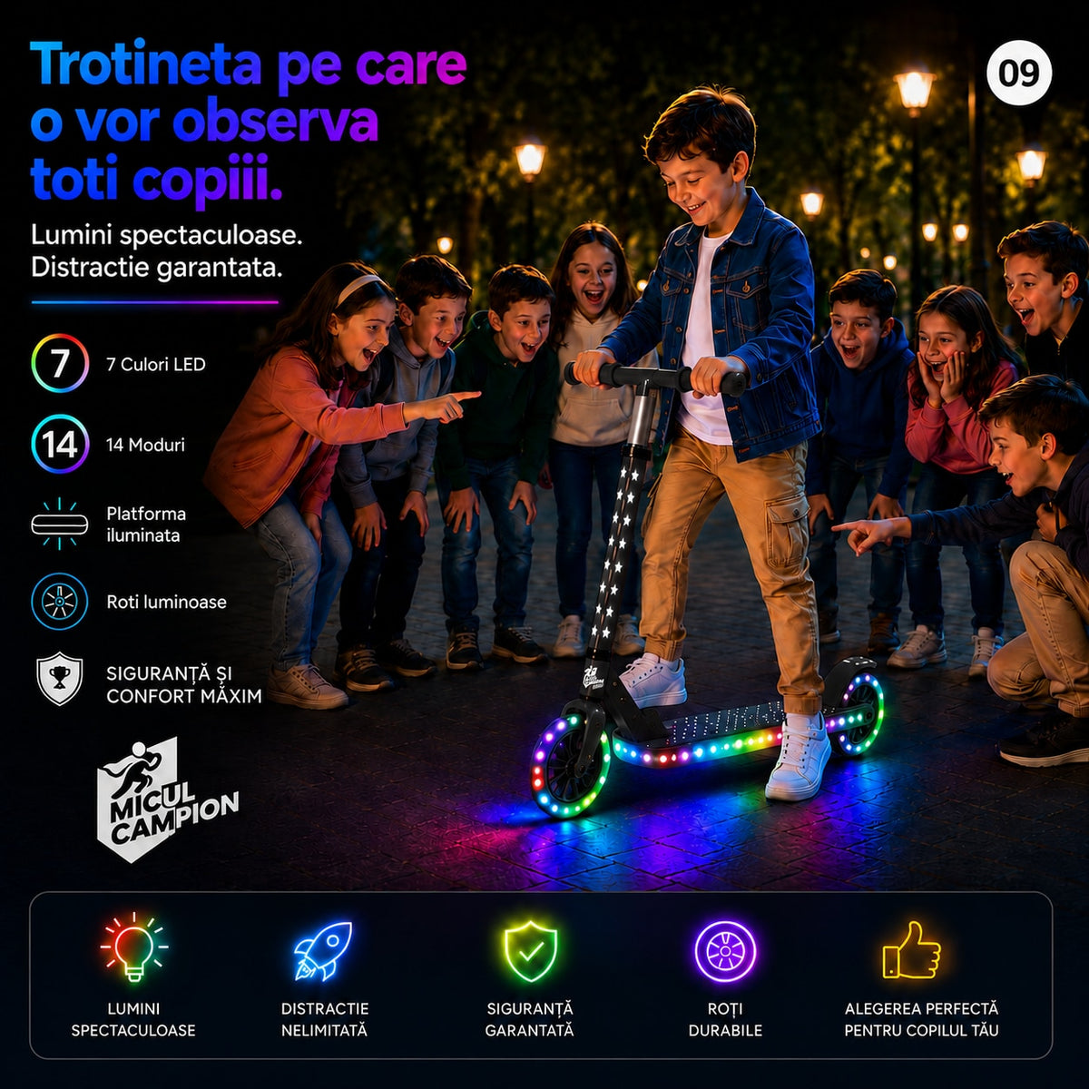 Trotineta copii LED Invincio Micul Campion Pilot, 2-10 ani, pliabila, 2 roti, 7 culori LED, 14 moduri iluminare, platforma anti-derapanta, roti luminoase, ghidon reglabil 3 nivele 76-87 cm, frana spate, cadru rezistent si usor suporta pana la 30kg, Negru