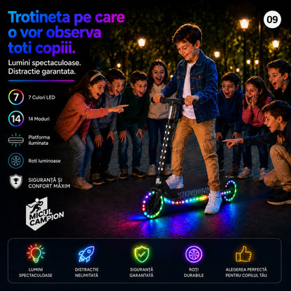 Trotineta copii LED Invincio Micul Campion Pilot, 2-10 ani, pliabila, 2 roti, 7 culori LED, 14 moduri iluminare, platforma anti-derapanta, roti luminoase, ghidon reglabil 3 nivele 76-87 cm, frana spate, cadru rezistent si usor suporta pana la 30kg, Negru