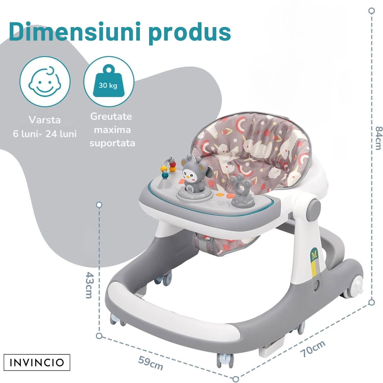 Premergator Invincio BabySteps 3 in 1, 6-24 luni, Multifunctional cu Protectie Anti-Rasturnare, Roti cu Frana, Masuta Detasabila, Centru Activitati Muzical – Pentru Baieti si Fetite, greutate maxima 30kg, gri