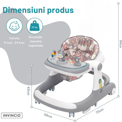 Premergator Invincio BabySteps 3 in 1, 6-24 luni, Multifunctional cu Protectie Anti-Rasturnare, Roti cu Frana, Masuta Detasabila, Centru Activitati Muzical – Pentru Baieti si Fetite, greutate maxima 30kg, gri