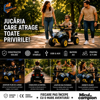 ATV de impins pentru copii Invincio Micul Campion OffRoad 2 in 1, 2-7 ani, maner parental, bara protectie si parasolar detasabile, Faruri functionale, panou muzical USB, suport picioare, max. 30 kg, Alb