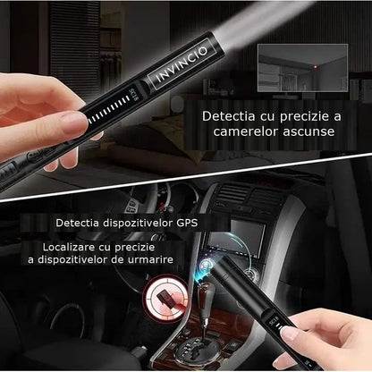 Detector camere si microfoane spion Invincio, portabil, 12 nivele detectie cu indicator LED si sonor, detecteaza localizatoare GPS/GSM si reportofoane si alte surse ascunse, frecvente 100 micro HZ-8GHZ, negru