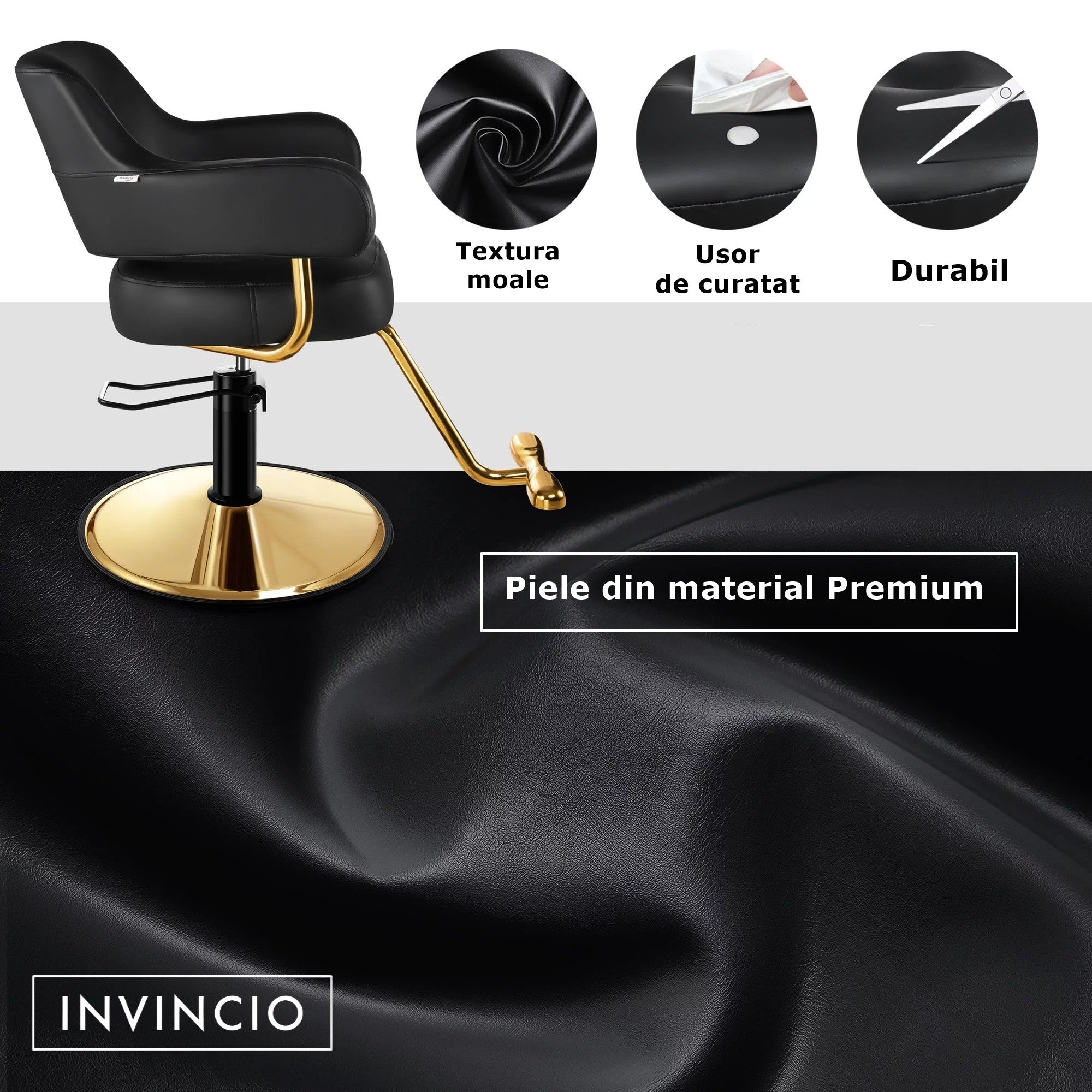 Scaun profesional frizerie/coafor Invincio Moda 2, reglabil pe inaltime, pompa hidraulica, rotire 360 grade, suport picioare, tapiterie piele ecologica, design premium cu detalii aurii, culoare negru-auriu