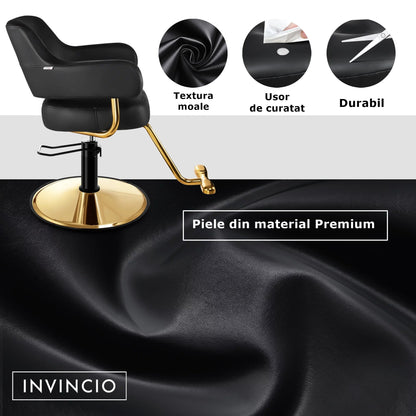 Scaun profesional frizerie/coafor Invincio Moda 2, reglabil pe inaltime, pompa hidraulica, rotire 360 grade, suport picioare, tapiterie piele ecologica, design premium cu detalii aurii, culoare negru-auriu