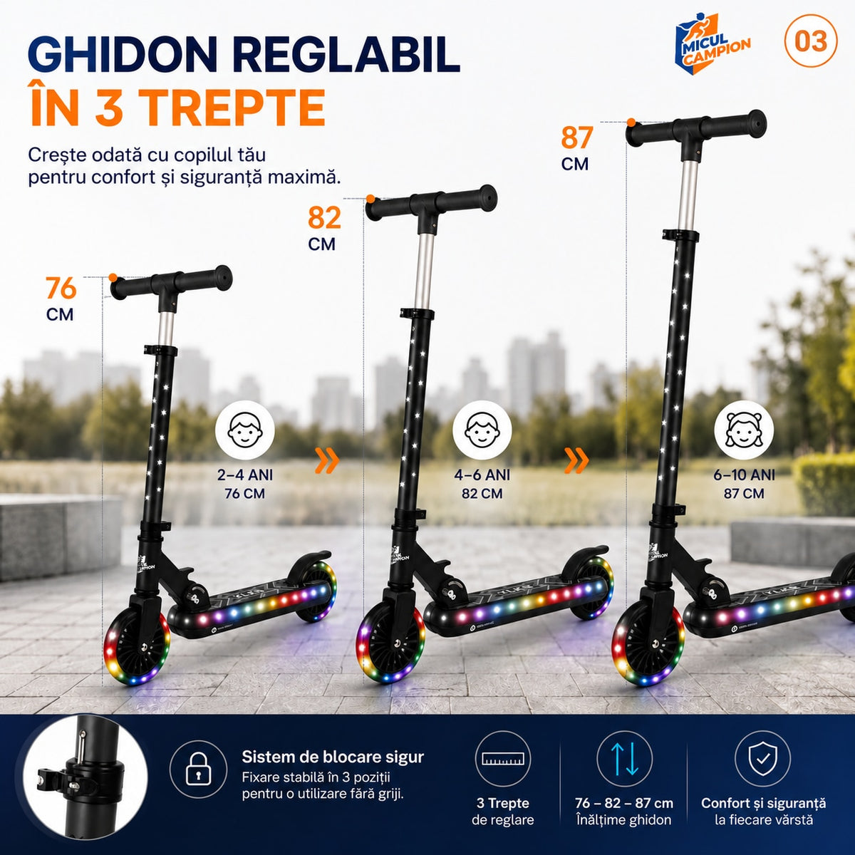 Trotineta copii LED Invincio Micul Campion Pilot, 2-10 ani, pliabila, 2 roti, 7 culori LED, 14 moduri iluminare, platforma anti-derapanta, roti luminoase, ghidon reglabil 3 nivele 76-87 cm, frana spate, cadru rezistent si usor suporta pana la 30kg, Negru