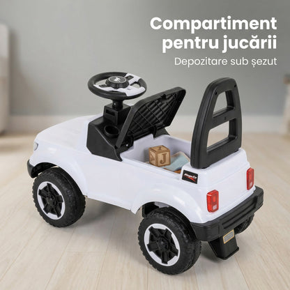Masinuta Invincio RideOn Ranger, fara pedale, pentru copii 12+ luni, volan cu buton pentru muzica si lumini, spatar siguranta, compartiment depozitare, design tip masina de teren, 4 roti stabile, alba