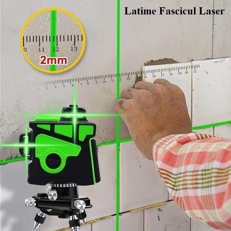 Nivela cu laser verde, 12 linii, orizontal, vertical, perimetral, prindere magnetica, uz interior si exterior, auto-nivelare, rotire 360 grade, acumulatori de schimb