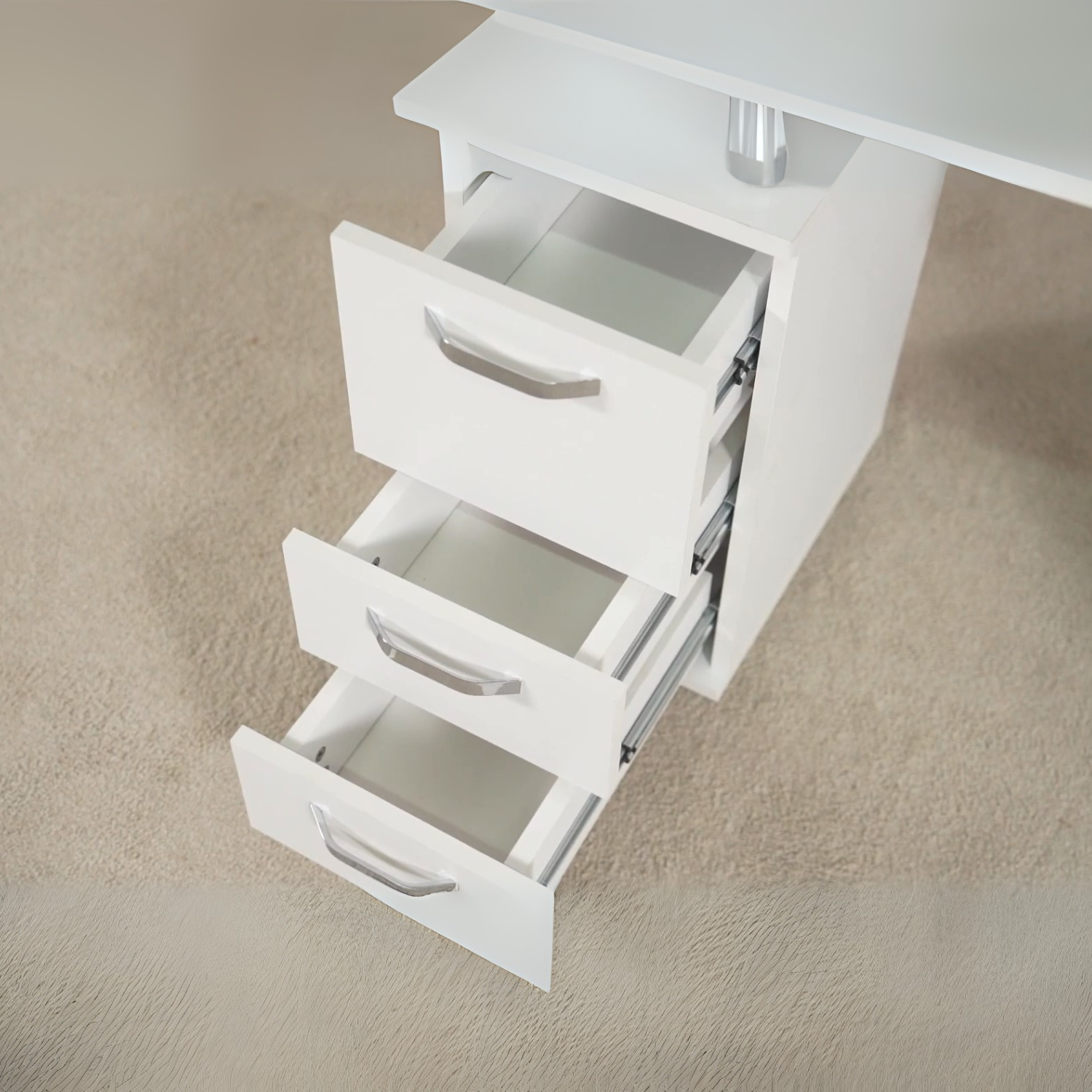 Masa manichiura profesionala INVINCIO™ Elegant Nails, cu aspirator praf silentios, dimensiuni 120x45x76 cm, 3 sertare, dulap lateral cu 3 rafturi, roti pivotante, blat hipoalergenic, alb