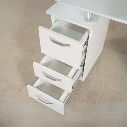 Masa manichiura profesionala INVINCIO™ Elegant Nails, cu aspirator praf silentios, dimensiuni 120x45x76 cm, 3 sertare, dulap lateral cu 3 rafturi, roti pivotante, blat hipoalergenic, alb